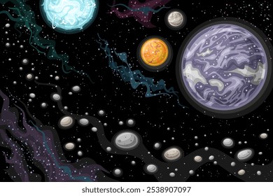 Vector Fantasy Space Card, horizontal astronomical poster with illustration of exsotic planets, orbiting around hot blue-white star in deep space, decorative cosmo print with starry space background