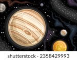 Vector Fantasy Space Chart, astronomical horizontal poster with cartoon design gas giant Jupiter planet and orbiting satellites in deep space, decorative cosmo print with black starry space background