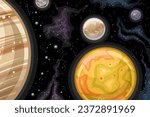 Vector Fantasy Space Chart, astronomical horizontal poster with cartoon design rotating Io moon and other satellites of Jupiter in deep space, decorative cosmo print on black starry space background