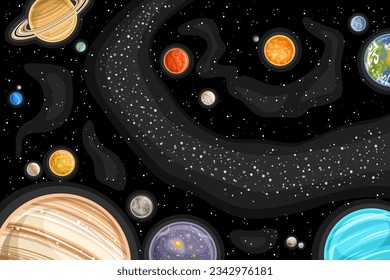 Vector Fantasy Space Chart, astronomical horizontal poster with illustration of variety colorful planets and asteroid belt in deep space, decorative cosmic print with black starry space background