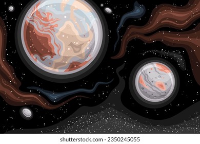 Vector Fantasy Space Chart, astronomisches horizontales Poster mit Cartoon-Design Zwergplanet Pluto und der Mond Charon im tiefen Raum, dekorativer bunter Kosmomodruck mit schwarzem Sternenraumhintergrund