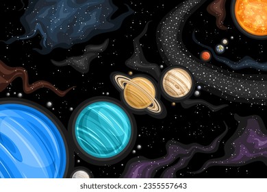 Gráfico espacial de fantasía vectorial, afiche astronómico horizontal con ilustración pf desfile de planeta en sistema solar, cosmo futurista decorativo impreso con planetas en fila sobre fondo de espacio estelar negro