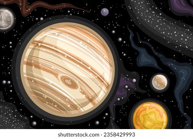 Vector Fantasy Space Chart, astronomical horizontal poster with cartoon design gas giant Jupiter planet and orbiting satellites in deep space, decorative cosmo print with black starry space background