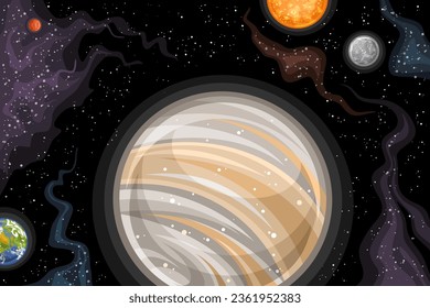 Vector Fantasy Space Chart, astronomical horizontal poster with cartoon design rotating Venus and various planets of solar system in deep space, decorative cosmo print on black starry space background