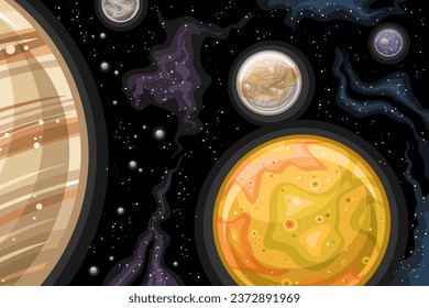Vector Fantasy Space Chart, astronomical horizontal poster with cartoon design rotating Io moon and other satellites of Jupiter in deep space, decorative cosmo print on black starry space background