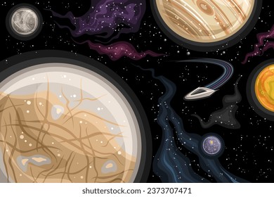 Vector Fantasy Space Chart, astronomical horizontal poster with cartoon design orbiting Europa about Jupiter, fly sci fi rocket in deep space, decorative cosmic print on black starry space background