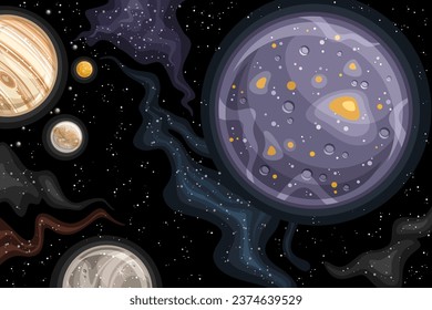 Vector Fantasy Space Chart, astronomical horizontal poster with cartoon design rotating Callisto and other satellites of Jupiter in deep space, decorative cosmo print on black starry space background