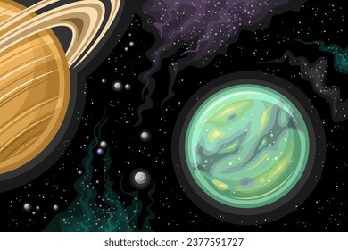 Vector Fantasy Space Chart, astronomical horizontal poster with cartoon design orbiting Titan moon and other satellites of Saturn in deep space, decorative cosmo print on black starry space background