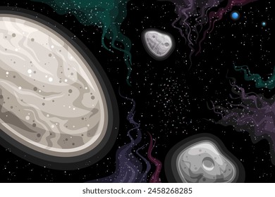 Vektorgrafik Fantasy Space Chart, astronomische Karte mit Illustration des Zwergplaneten Haumea mit Monden Hi'iaka und Namaka im Weltraum, dekorativer futuristischer Cosmo-Print mit schwarzem Sternenraum-Hintergrund