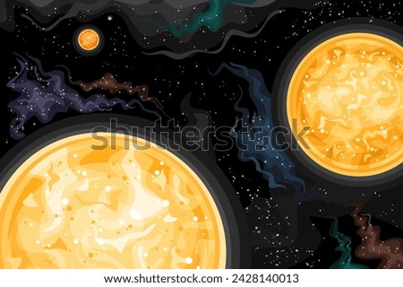 Vector Fantasy Space Chart, astronomical horizontal poster with illustration of triple-star Alpha Centauri Stellar System in deep space, decorative orange cosmo print on black starry space background