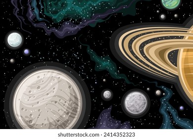 Vector Fantasy Space Chart, horizontal poster with illustration of  saturn moons, rotating around Saturn planet in deep space, decorative futuristic cosmo print with black stellar space background