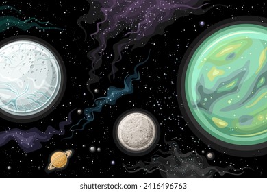 Vector Fantasy Space Chart, horizontal poster with cartoon design blue and green saturn moon, rotating around Saturn in deep space, decorative futuristic cosmo print with black starry space background