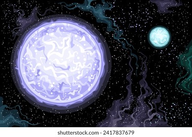 Vector Fantasy Space Chart, horizontal poster with cartoon design brightest binary star system Sirius A and Sirius B in deep space, decorative futuristic cosmo print with black starry space background