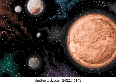 Vector Fantasy Space Chart, horizontal astronomical poster with cartoon design dwarf planet Makemake with moon MK 2 in deep space, decorative futuristic cosmo print with black starry space background