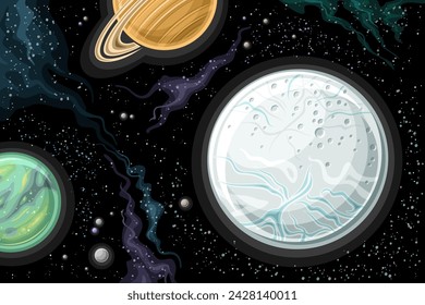 Vector Fantasy Space Chart, horizontal poster with cartoon design Enceladus and Titan moons, orbiting around Saturn in deep space, decorative futuristic cosmo print with black starry space background