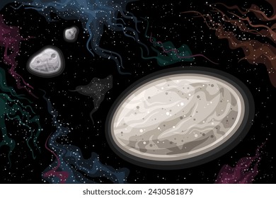 Vector Fantasy Space Chart, horizontales Poster mit Cartoon-Design Zwergplanet Haumea mit Monden Hi'iaka und Namaka im tiefen Raum, dekorativer futuristischer Cosmo-Print mit schwarzem Sternenraum-Hintergrund