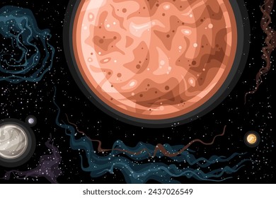 Vektor-Fantasy-Raumkarte, horizontales astronomisches Poster mit Illustration des trans-neptunischen Zwergplaneten Sedna im tiefen Raum, dekorativer futuristischer kosmischer Druck mit schwarzem Sternenraum-Hintergrund