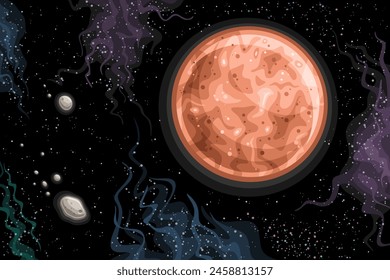 Vektorgrafik Fantasy Space Chart, Horizontales astronomisches Poster mit transneptunischem Zwergplaneten Sedna mit Braunfläche im Weltraum, Cartoon-Design futuristischer Cosmo-Print mit Sternenraum-Hintergrund