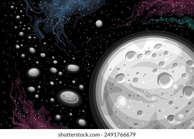 Vector Fantasy Space Chart, horizontal astronomical poster with illustration of dwarf planet Ceres with asteroid belt in deep space, decorative futuristic cosmo print with dark starry space background