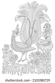 Vector fantasy stylized jungle lyrebird silhouette, pixie girl, eucalyptus leaves. T-shirt print. Adults coloring book page