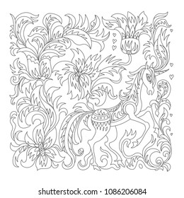 Vector fantasy unicorn horse, tree, flowers, leaves grey contour thin line drawing with ornaments on a white background. Embroidery template, adults coloring book page, t-shirt print, book cover