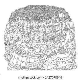 Vector fantasy urban landscape with medieval European old town castle. Fairy tale buildings, church, fort wall. Hand drawn doodle sketch. Tee shirt print, brochure cover, adults coloring book page