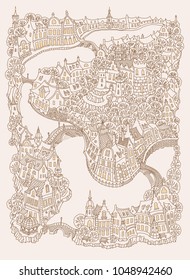 Vector fantasy urban landscape with small medieval European buildings. Fairy tale old town street, houses. Hand drawn doodle sketch. Tee shirt brown and beige print, adults coloring book page