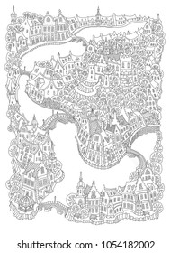 Vector fantasy urban landscape with small medieval European houses and castle. Fairy tale old town street. Hand drawn doodle sketch. Tee shirt black and white print, adults coloring book page