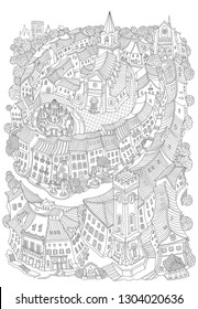 Vector fantasy urban landscape, small medieval European buildings. Fairy tale old town street, houses. Hand drawn doodle sketch. Tee shirt black and white print, brochure cover, adults coloring book