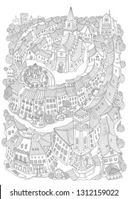 Vector fantasy urban landscape, small medieval European buildings. Fairy tale old town street, houses. Hand drawn doodle sketch. Tee shirt black and white print, brochure cover, adults coloring book