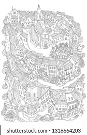 Vector fantasy urban landscape, small medieval European buildings. Fairy tale old town street, houses. Hand drawn doodle sketch. Tee shirt black and white print, brochure cover, adults coloring book
