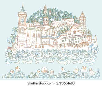 Vector fantasy urban Mediterranean sea landscape with waves, medieval European old town castle, fairy tale building. Hand drawn doodle sketch. Tee shirt print, travel brochure cover