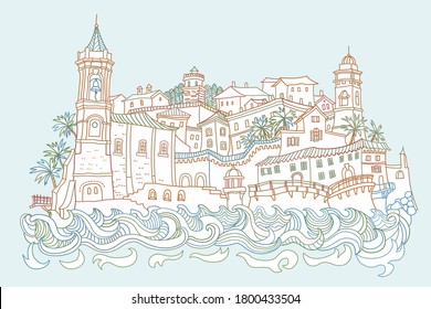Vector fantasy urban Mediterranean sea landscape with waves, medieval European old town castle, fairy tale building. Hand drawn doodle sketch. Tee shirt print, travel brochure cover