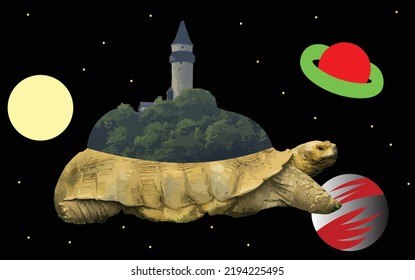 Vector fantasy wallpaper. a large turtle with a castle and a forest on its back. Turtle walking through space. Planets, stars, space. Fantasy wallpaper with the world on the back of a turtle.