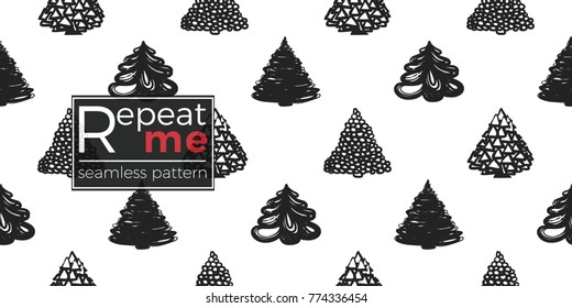 Vector fantasy xmas fir trees seamless pattern. Merry Christmas and happy new year greeting card backdrop design. Retro hand drawn flat art on white background.