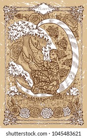 Vector Fantasy Zodiac sign Cancer in gothic frame on texture. Hand drawn engraved illustration 