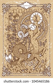 Vector Fantasy Zodiac sign Capricorn in gothic frame on texture. Hand drawn engraved illustration 