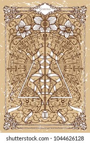 Vector Fantasy Zodiac sign Gemini or Twins in gothic frame on texture. Hand drawn engraved illustration
