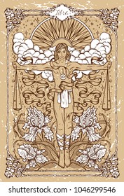 Vector Fantasy Zodiac sign Libra or Scales in gothic frame on texture. Hand drawn engraved illustration