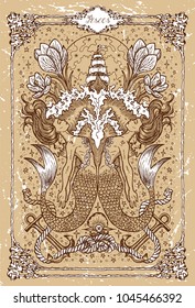 Vector Fantasy Zodiac sign Pisces in gothic frame on texture. Hand drawn engraved illustration 