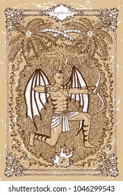 Vector Fantasy Zodiac sign Sagittarius or Archer in gothic frame on texture. Hand drawn engraved illustration