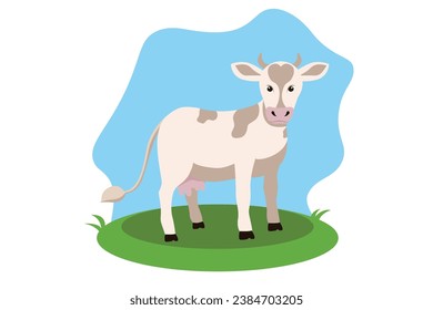 Vector farm animal - an adult large light cow stands sideways in a clearing in a cartoon style