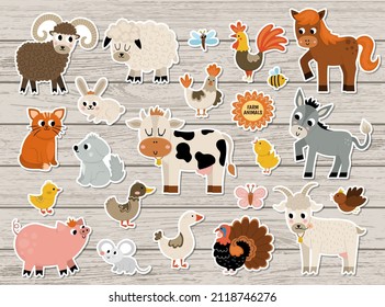 Vector farm animal and birds stickers set. Rural patches icons with cow, horse, goat, sheep, duck, hen, pig. Countryside illustration pack. Cute rural themed nature collection on wooden background
