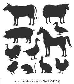 Vector farm animal black silhouettes icon set