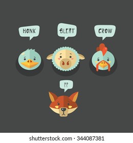 vector farm animal, flat illustration, goose, sheep, cock, animal sounds