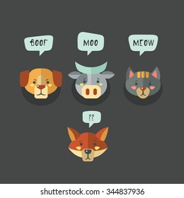 vector farm animal, flat illustration, dog, cow, cat, animal sounds