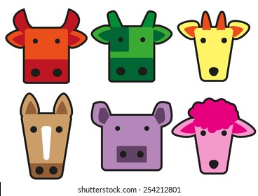 Vector farm animal head face cartoon illustration rectangle style.
