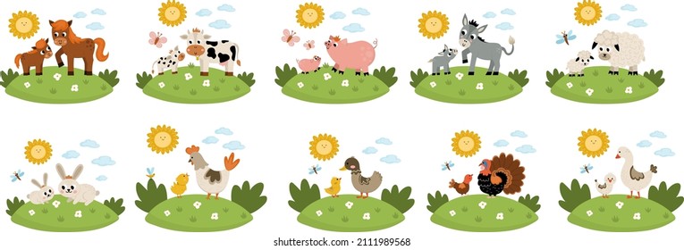 Vector farm animal scenes set. Collection with cow, horse, goat, sheep, duck, hen, pig and their babies. Cute country mother and baby illustration with grass background, sun, clouds
