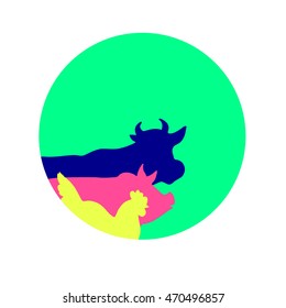 Vector farm animal silhouettes. cow, sheep, pig, duck and chickens.
