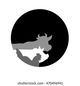Vector farm animal silhouettes. cow, sheep, pig, duck and chickens.